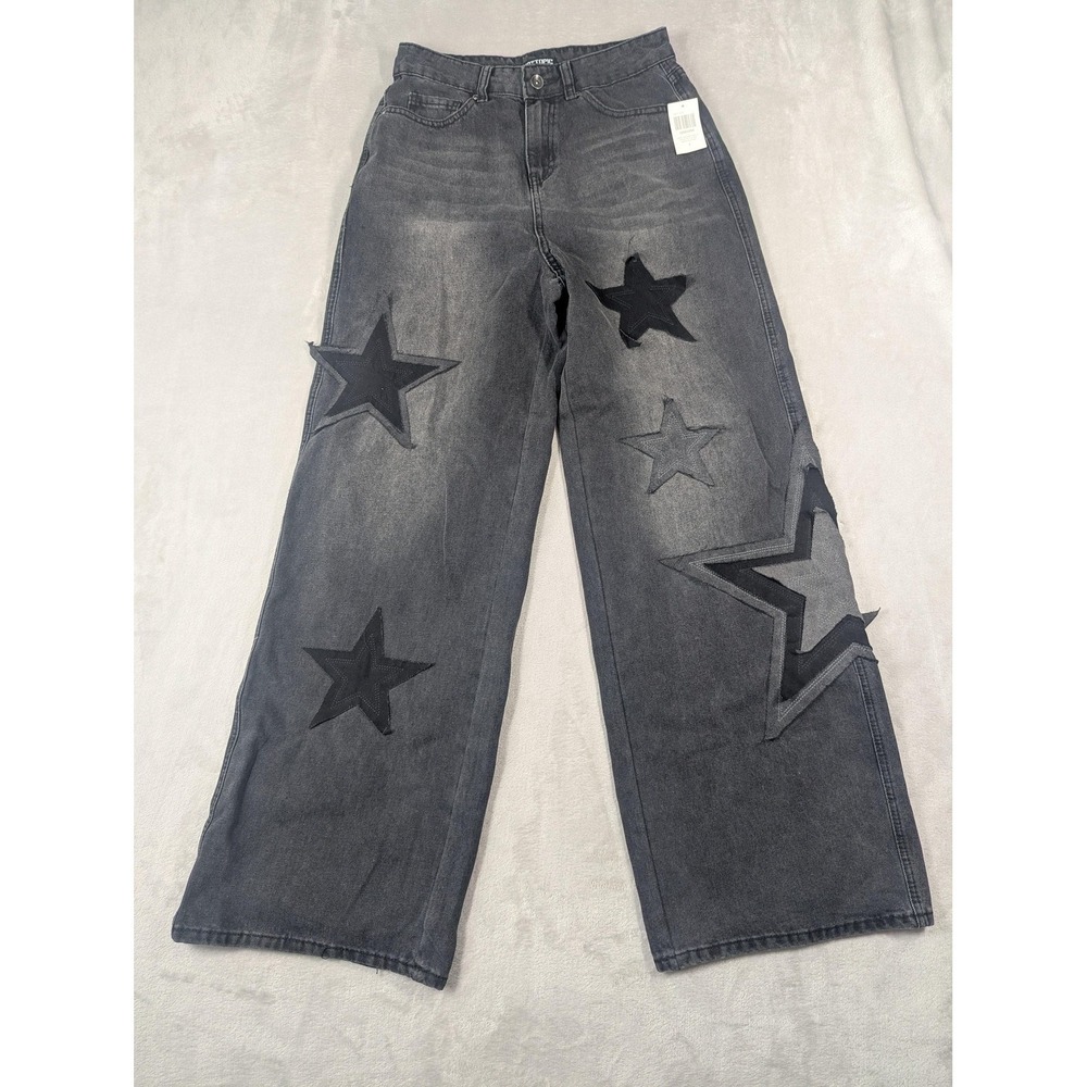 Hot Topic Wide Leg Jeans Juniors 7 Gray High Rise Star Patch Punk Skater Denim